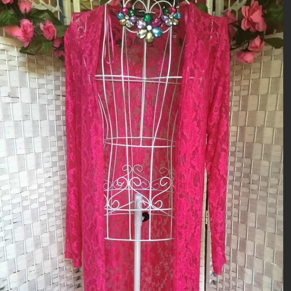 💖See New Listing💖  Bebo Fuchsia Pink Lace Kimono Duster Cover up Long Cardigan - Picture 2 of 5